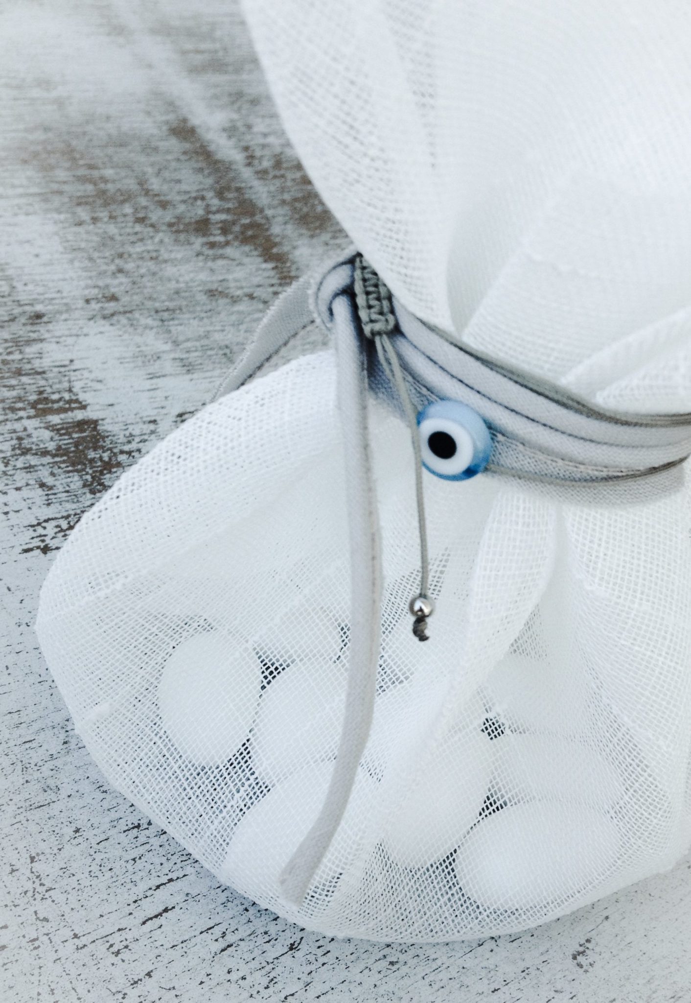 White Linen And Evil Eye-wedding favor-close up-bw