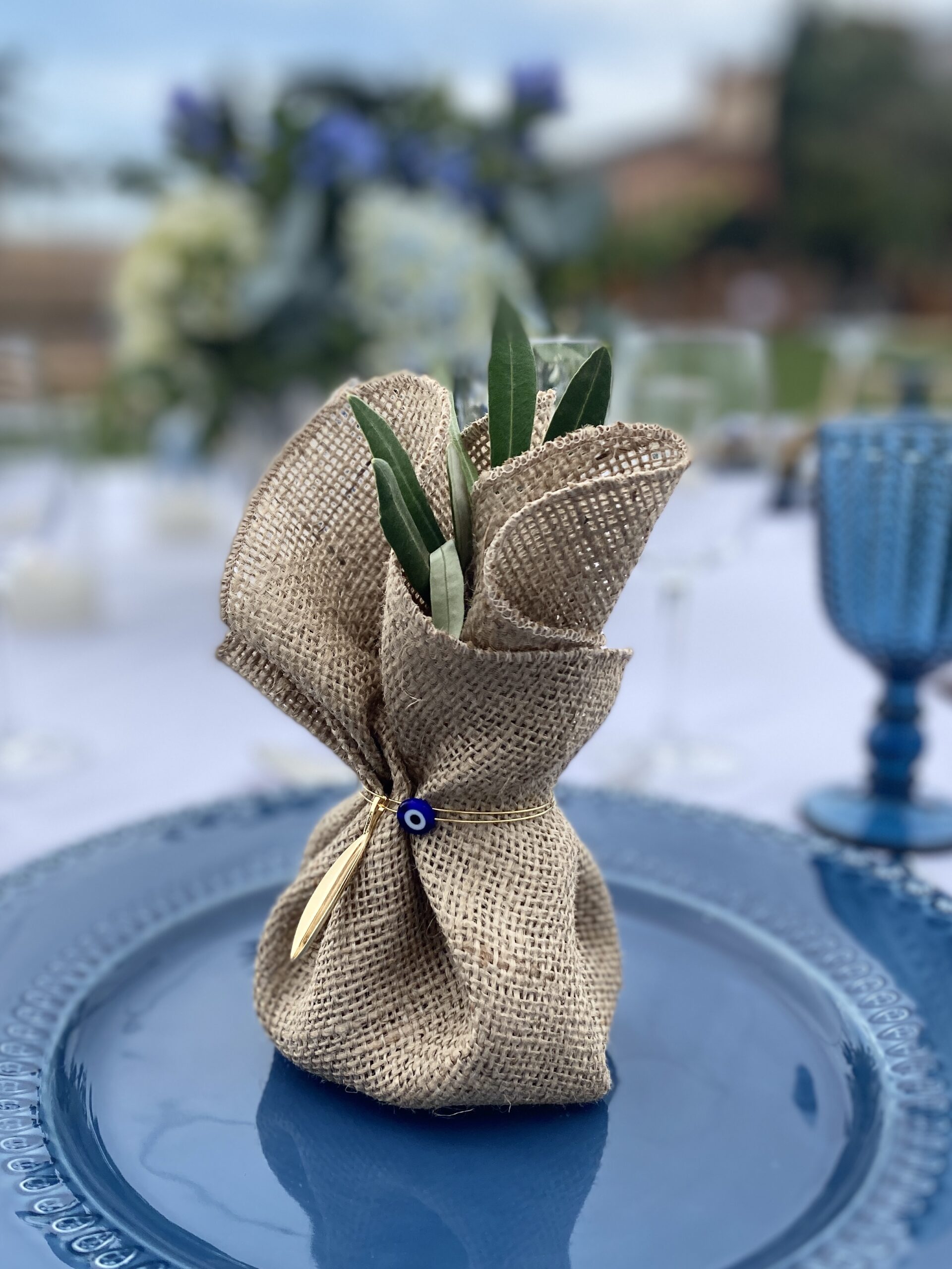 enchanted-greece-wedding-favor-with-olive-leaves-gold-blue